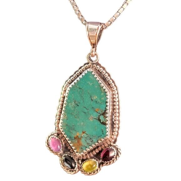 Vintage Sterling Freeform Turquoise & Gemstone Cab Accent Pendant Necklace - Picture 2 of 8